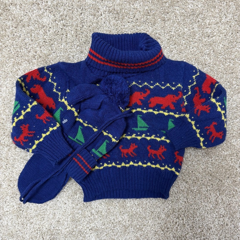 Vintage Cradlecraft Sweater Toddler Boys 18-24 Months Blue Knit Turtleneck Set